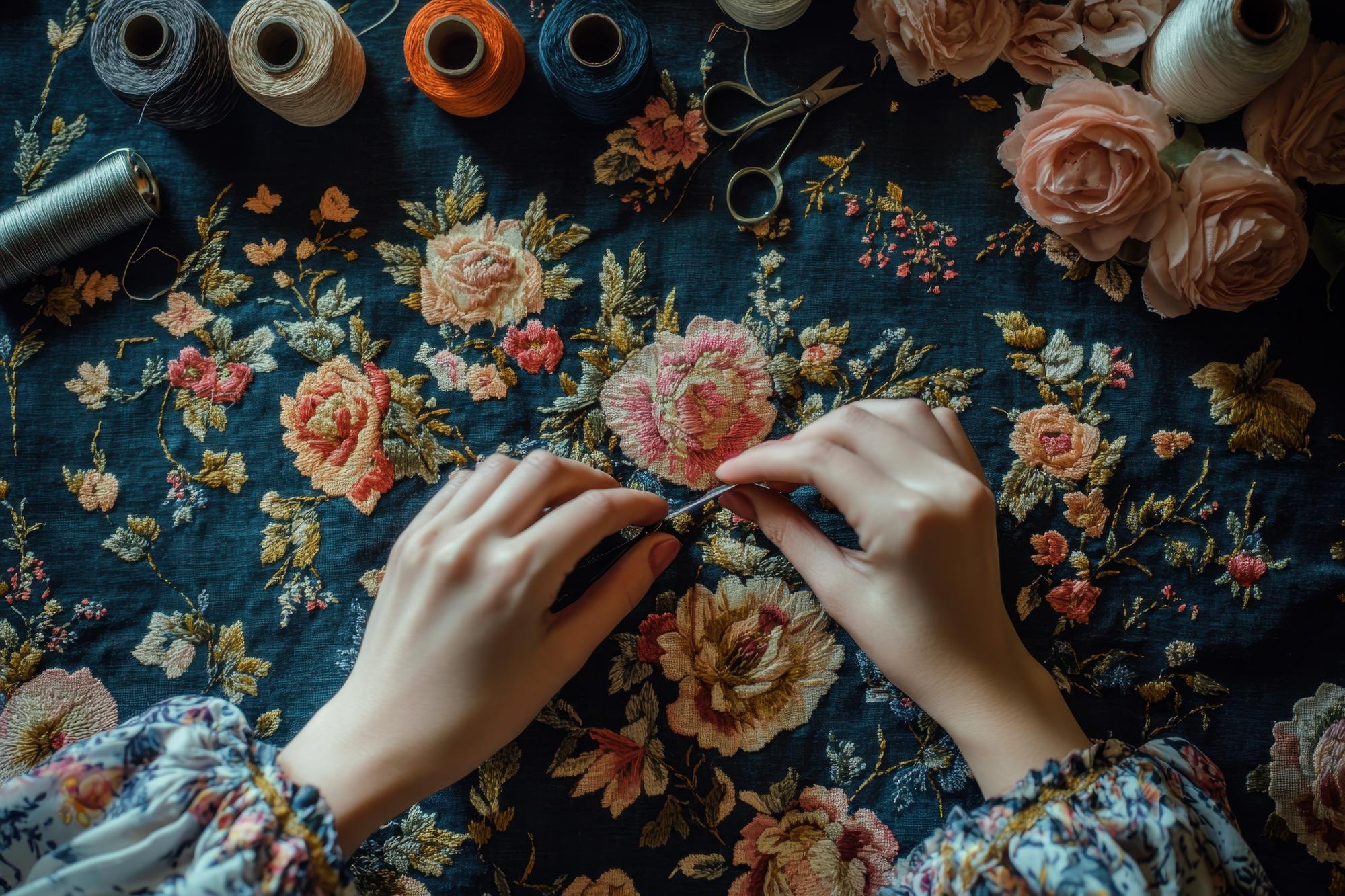 Large editorial shot: artisan stitching a floral motif under warm light